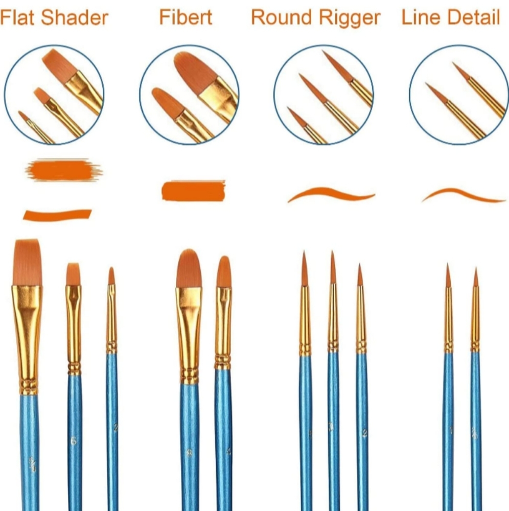 Makeup or Paint Brushes Set of 10 Paintbrushes Watercolor Acrylic Blue Handles